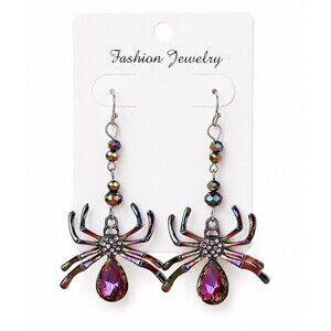 Iridescent Crystal Rhinestone Spider Dangle Earrings Gothic Halloween NEW